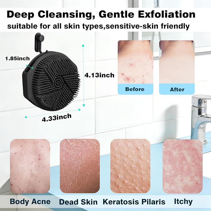 Silicone Body Scrubber for Men Women, Dual-Sided Bath Brushes Gentle Exfoliating Body Scrubber Scalp Massager for Deep Cleansing, Soft Silicone Loofah Body Washing Brushes (Black)