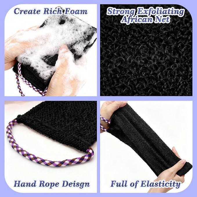 Manmihealth Dual-Sided Silicone Body Scrubber & African Bath Sponge Net Set | 2-in-1 Silicone Shower Shampoo Brush Africa Wash Net, Lather Well, Strong Exfoliating, Body Hair Wash (Black)