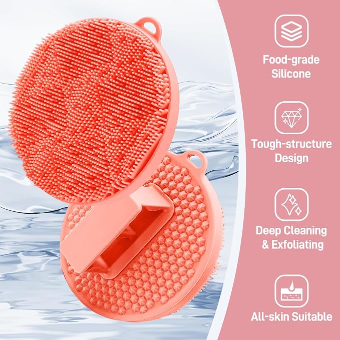Silicone Face & Body Scrubber Set, Exfoliating Body Scrubber Face Scrubber with Dense Bristles & Non-Slip Handle, Gentle Silicone Loofah Face Brush for Good Lathering and Deep Cleansing(Pink)