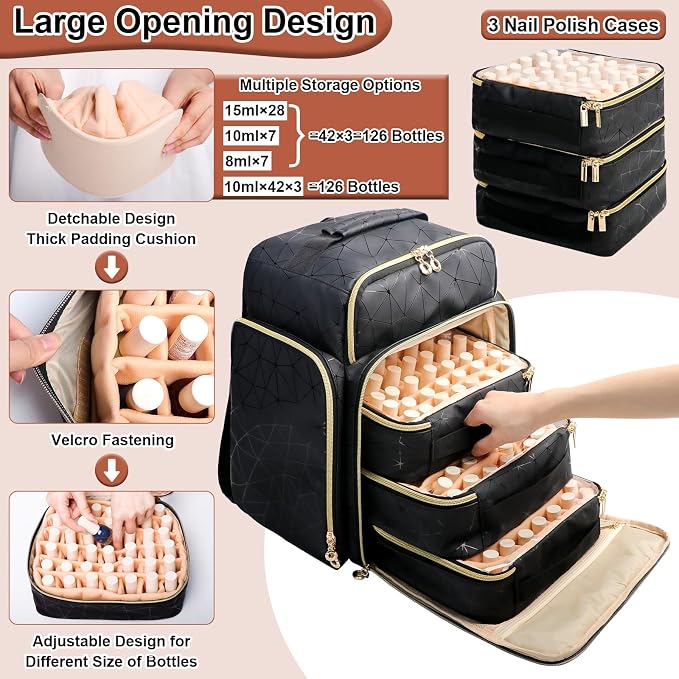 Nail Polish Organizer Backpack Holds 126 Bottles& Nail Lamp, Extra Large Nail Kit Supplies Organizer Bag with 3 Removable Cases, Portable Nail Organizers and Storage for Trave (Elegant Black)