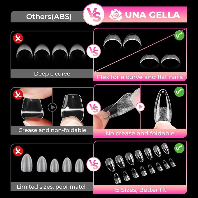 UNA GELLA 510Pcs Almond Gel Nail Tips 15 Sizes Pre-Etched Full Cover | Almond Clear Press on Nails Acrylic False No C Curve Nail Tips for Press on Nail Extensions Home DIY Salon