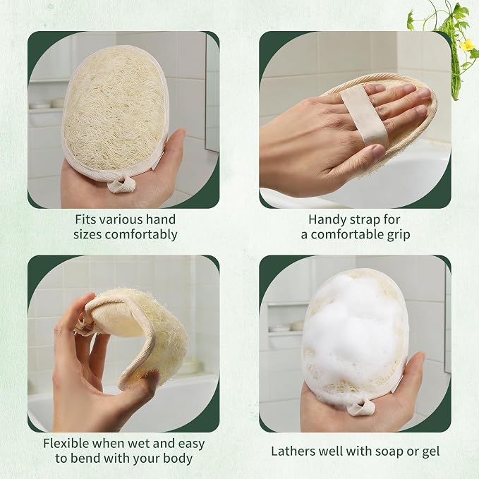 SAMEBUTECO Loofah Shower Scrubber Pads with Terry Cloth Backing, 4 Pack Black White