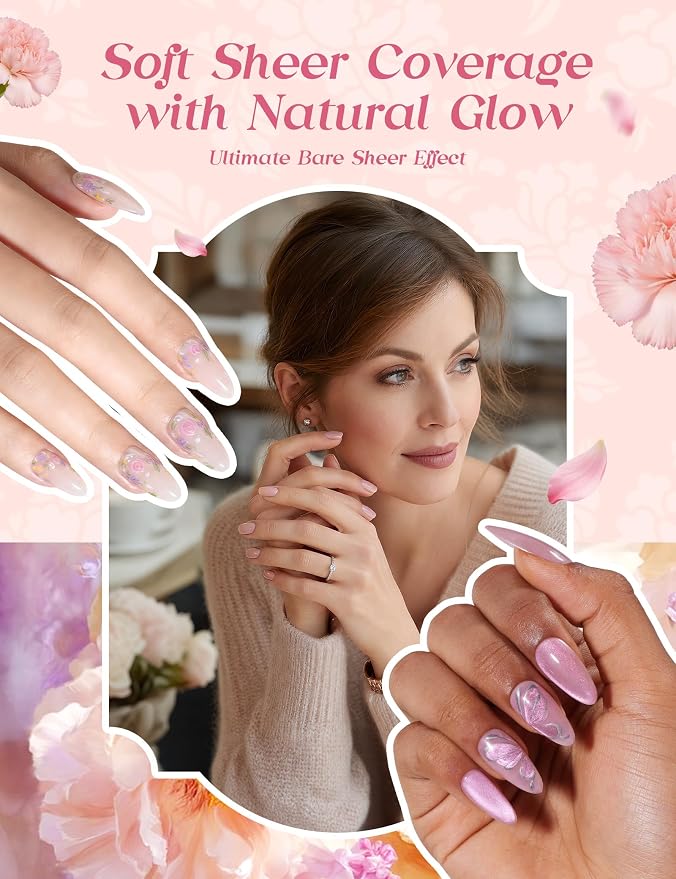 Beetles Petalled Grace Gel Nail Polish Kit, 4 Sheer Colors and 1 Cat Eye | Milky Nude Pink Purple Cat Eye Gel Nail Set Soak Off UV with Magnetic Shimmer, Nail Art Brushes, Cuticle Oil and Gift Box