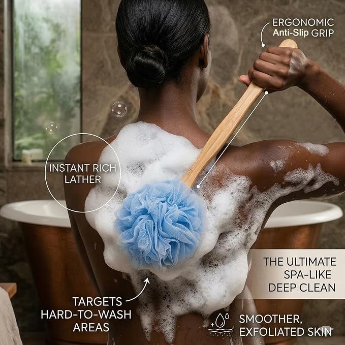 Loofah Back Scrubber for Shower, Wooden Long Handle Bath Sponge Lufa Shower Brush, Soft Nylon Mesh Back Cleaner Washer, Women & Men Exfoliating Luffa Pouf on a Stick for Body (Blue)