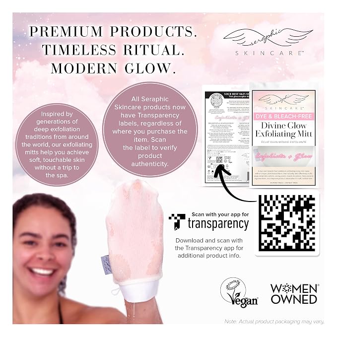 Seraphic Skincare Divine Glow Exfoliating Mitt (1pc) – 100%, Dye-Free, Bleach-Free Vegan Viscose Korean Exfoliating Glove – Body Exfoliator for Self-Tan Removal & Keratosis Pilaris