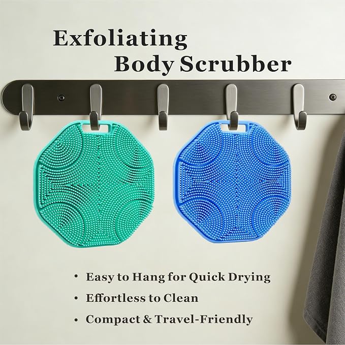 Silicone Body Scrubber 2-Pack, Shower Scrubber with Soft Bristles | 100% Silicone, Soft Bristles, Hole for Hanging, Anti-Slip Strap, Gentle Exfoliating, Lather Well, Sensitive-skin safe