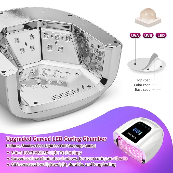 PURTATO Professional Rechargeable 96W UV LED Portable Cordless UV Light for Nail Lamp Machine with Removable Stainless Steel Bottom,4 Timer Setting and Smart Sensor Nail Dryer (White)