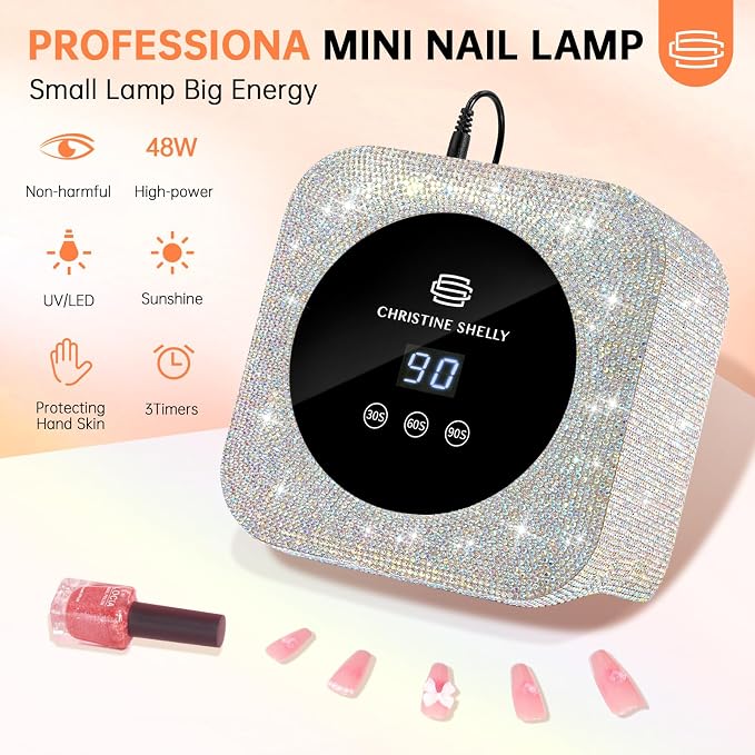 UV Light for Nails, Mini UV Nail Lamp with Auto Sensor Gel Nail Lamp | 48W | Travel Mini Size | 3 Timers | Rhinestone | Plug-in | Fast & even curing | DIY Manicure Nail School | AB Diamond