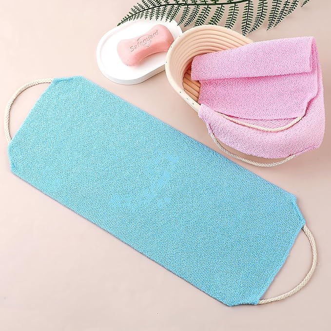 Body Scrubber with Handles Exfoliating Washcloth Towel for Shower Bath 2Pcs Nylon Back Exfoliator Extended Length Back Washers Back Scrubber Towel Stretchable Pull Strap for Sensitive Rough Skin