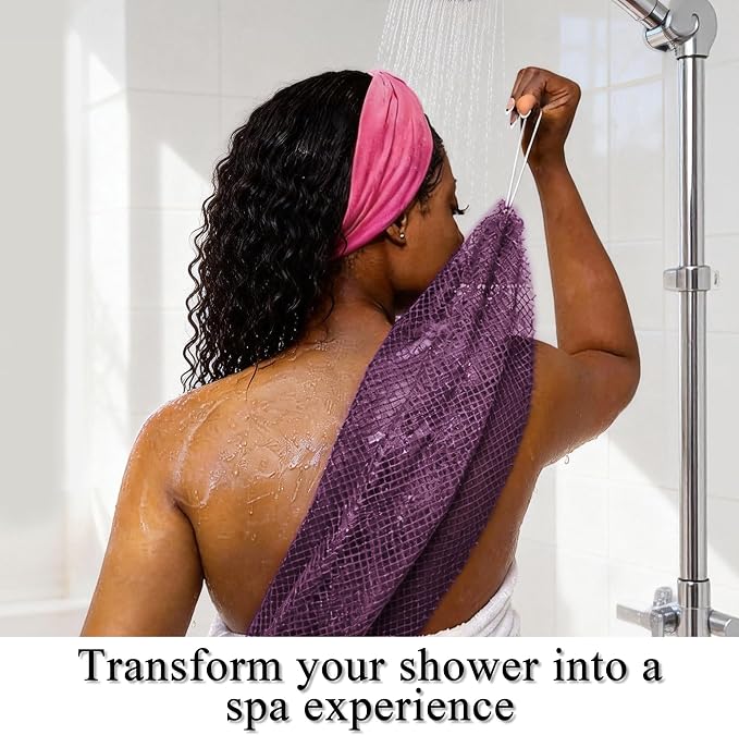 SubSahara Authentic African Net Sponge, 2 Pack 45-Inch Exfoliating Bath Sponge and Shower Loofah for Body and Back, Colorfast Quick-Dry Knotted Mesh Scrubber with Travel Pouch (Berry & Sage Green)