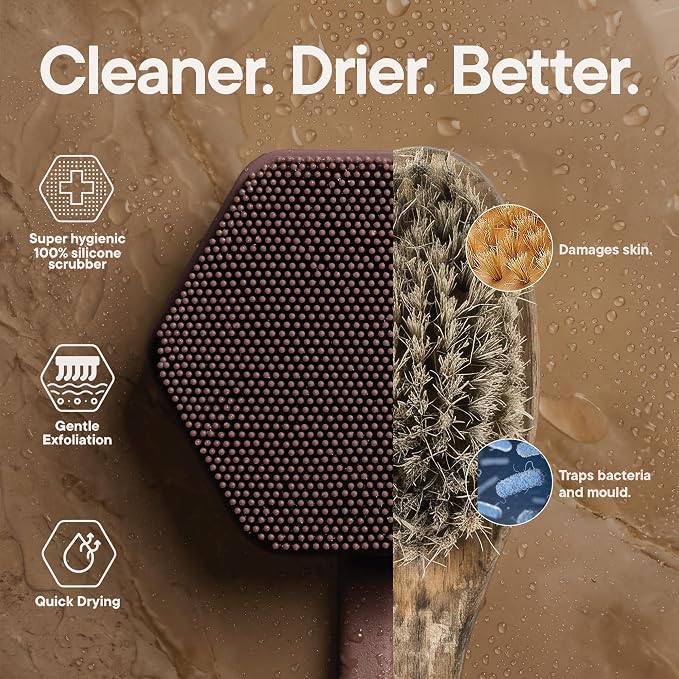 TOOLETRIES Silicone Back Scrubber for Shower, Bath Brush - Chocolate | Long ergonomic handle and non-slip grip make exfoliating hard-to-reach areas simple and comfortable.