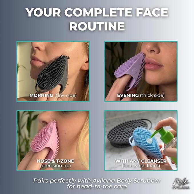 Avilana Silicone Face Scrubber — Dual Sided Facial Cleansing Brush with Nose Tip — Soft Face Exfoliator for Pore Deep Cleaning — Food Grade Face Wash Brush for All Skin Types (Dark Gray)