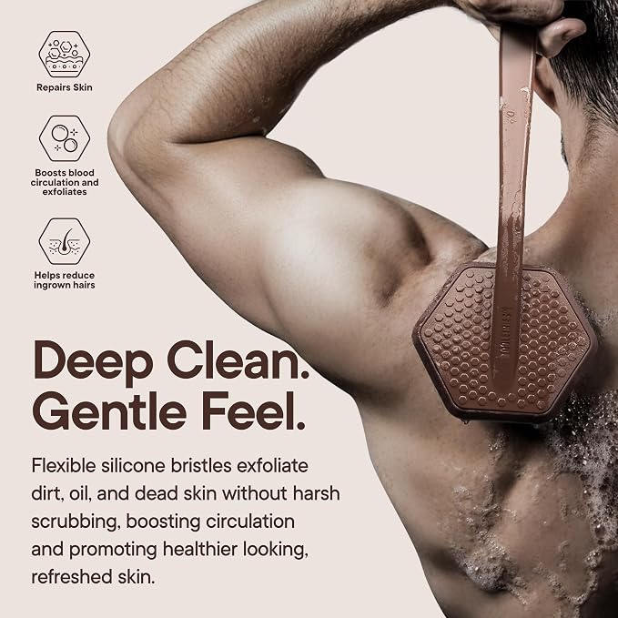 TOOLETRIES Silicone Back Scrubber for Shower, Bath Brush - Chocolate | Long ergonomic handle and non-slip grip make exfoliating hard-to-reach areas simple and comfortable.