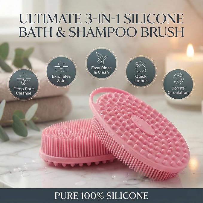 Silicone Body Scrubber Exfoliating 3 Pack, Shower Scrubber for Body,Loofah Alternative for Women Men, 2 in 1 Bath and Shampoo Brush with Handle,Body Exfoliator Tool for Skin, Back,Showering