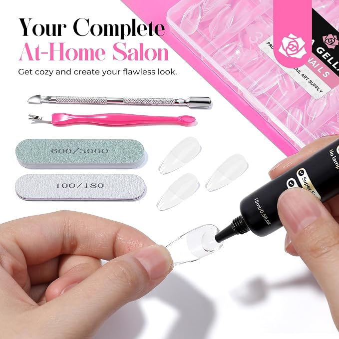 UNA GELLA Medium Almond Gel Nail Tips and Glue Kit, 216Pcs Pre-buffed Soft Gel Fake Nails with Air Dry Adhesive, Uv Lamp Free Complete Manicure Prep Kit for Beginners Extensions Press On Nails