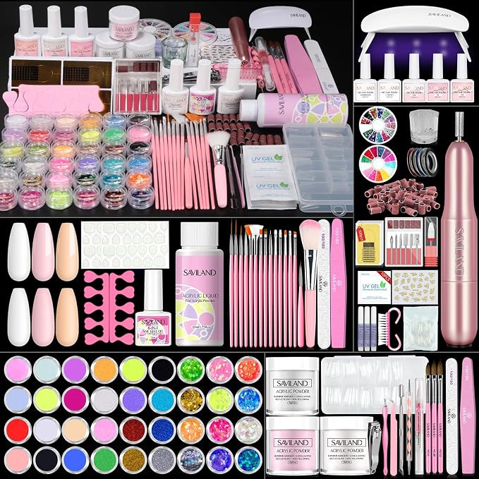 SAVILAND Essentials Acrylic Nail Kit for Beginners: Acrylic Nail Set with Glitter Powder 120ML Monomer Nail Drill Gel Nail Polish Nails Tips Home DIY Salon Use