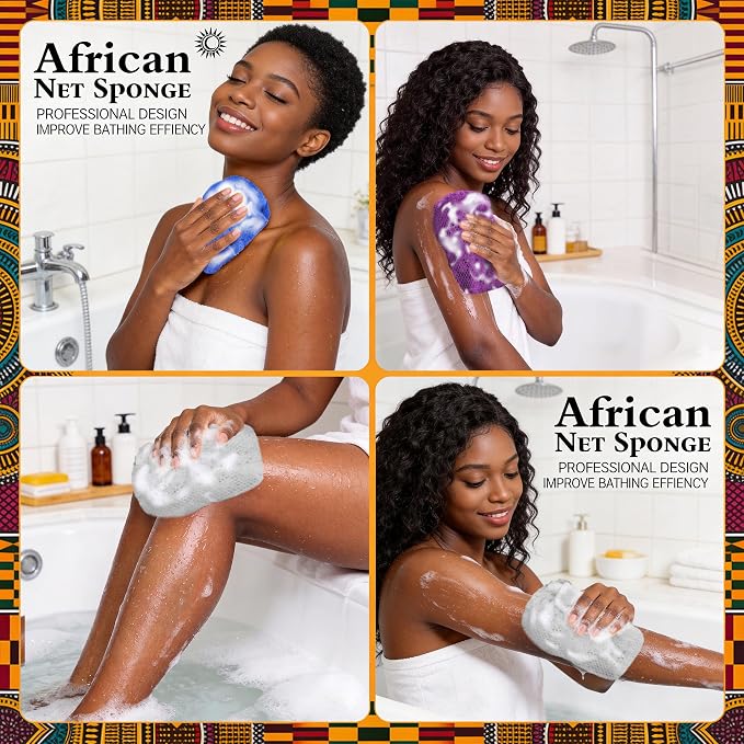 African Net Sponge Authentic, 3 Pieces Loofah Alternative Exfoliating Sponge, Deep Cleansing Body Scrubber, Shower Loofah Sponge for Body & Face,Travel Portable Bath Sponge(Blue,Purple,Grey)
