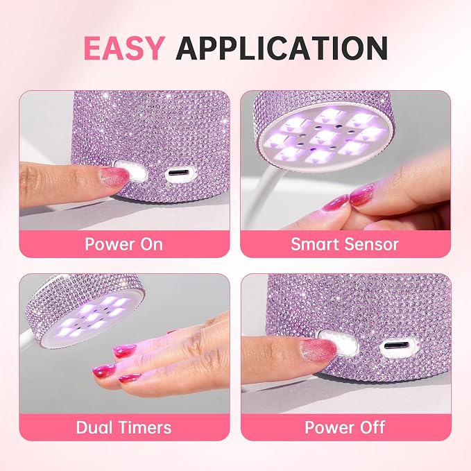 Flash Cure Nail Lamp, UV Nail Lamp for Gel Nails, Cordless Auto Sensor | 27W | Type-C | 1500mAh | Rhinestone | Mini Size | Easy to Carry | DIY Manicure | Purple Diamond