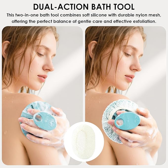 Food-Grade Silicone Body Scrubber with Exfoliating Net Sponge Case, 4pcs | Handheld Bath Cleansing Scrub Shower Brush Set For Women Men, All Skin Types, Deep Clean, Lather Well, INNERNEED