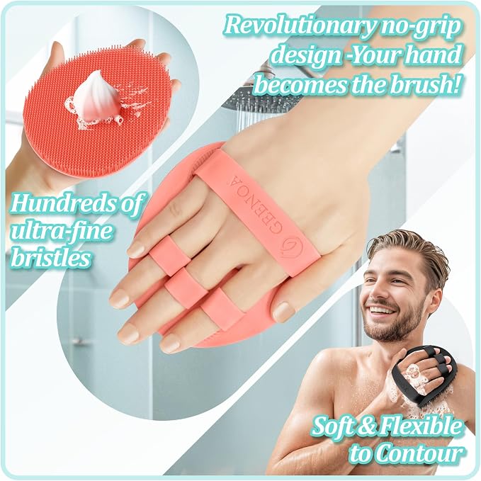 Silicone Back & Body & Face Scrubbers Set 4PCS, 15.35’’ Soft Back Scrubber for Dual-Side Usage, Easy-to-Hold Bath Glove Body Scrubber Face Scrubber for Good Foaming & Deep Cleaning(Pink)