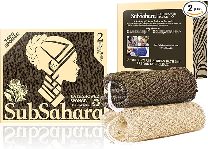 SubSahara Authentic African Net Sponge, 2 Pack 45-Inch Exfoliating Bath Sponge and Shower Loofah for Body and Back, Quick-Dry Durable Knotted Mesh Scrubber (Linen & Brown)