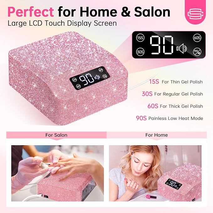 UV LED Nail Lamp, Plug-in Nail Dryer UV Light for Gel Nails Salon & Home | 39 Beads | 96W | Auto Sensor | Detachable Base | 4 Timers | Rhinestone | Pink Sparkly