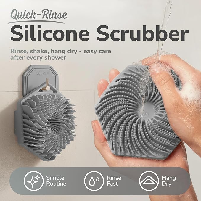 SILKLE Silicone Body Scrubber Exfoliator, Shower Scrubber & Silicone Loofah | Exfoliating Body Scrubber, Non-Slip Grip - Silicone Bath Brush & Shower Brush for Body, Quick-Rinse One-Piece Design - Gray