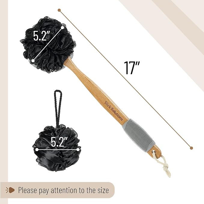 Slick- Loofah with Handle, 17", Gray, Loofah Back Scrubber with Long Wooden Handle, Shower Supplies