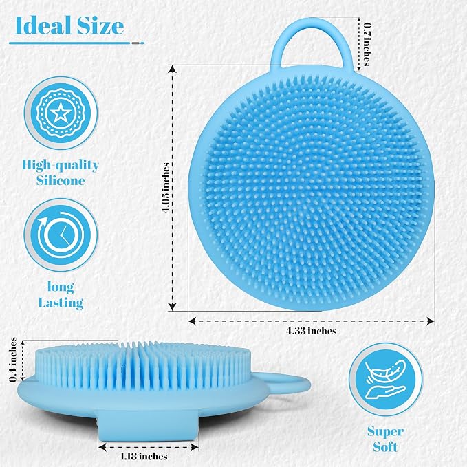 Silicone Scrubber - Blue Exfoliating Body Scrubber with Handle, Shower Brush & Bath Sponges for Personal Care