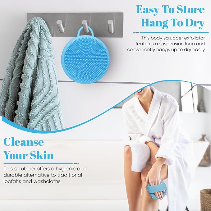 Silicone Scrubber - Blue Exfoliating Body Scrubber with Handle, Shower Brush & Bath Sponges for Personal Care
