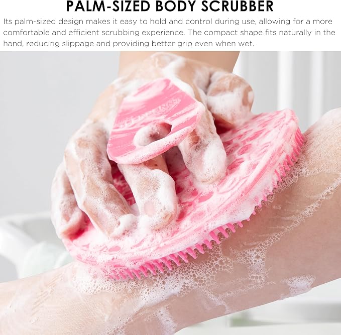 Hygienic Body Cleansing Scrubber with Exfoliating Net Sponge Case, Pink | INNERNEED Soft Silicone Bristles Deep Clean & Massage Shower Scrub Brush with African Exfoliating Bath Mesh