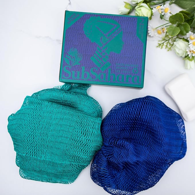 SubSahara Authentic African Net Sponge,2 Pack 45-Inch Exfoliating Bath Sponge and Shower Loofah for Body and Back,Colorfast Quick-Dry Knotted Mesh Scrubber with Travel Pouch (Dark Blue & Forest Green)
