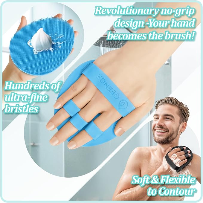 Silicone Back Scrubber & Bath Glove Set 2PCS, 13.4'' Gentle Shower Back Scrubber with Dual-Side Head Non-Slip Handle, 360° Anti-Slip Hand-fit Bath Glove for Rich Foaming Deep Cleaning(Blue)
