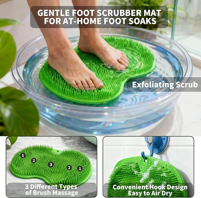 Shower Foot Scrubber Mat with 3 Types of Upgraded Brushes for Massage, Shower Back Scrubber with Micro Suction Cups,Non Slip Bathtub Shower Scrubber for Body at Home Spa(Sage)