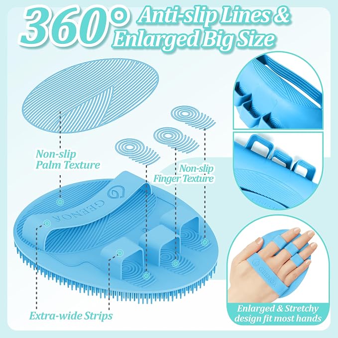 Silicone Back/Body/Face Scrubber & Scalp Massager Set 5PCS, 13.4'' Soft Back Scrubber, 360° Anti-Slip Bath Glove, Unique Side-bristled Face Scrubber, Shampoo Brush for All-Round Cleaning(Blue)