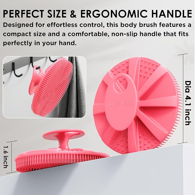 Pink Food-Grade Silicone Body Scrubber with Exfoliating Net Sponge Case | Handheld Bath Scrub Shower Brush Set For Women Men, All Skin Types, Deep Clean, Lather Well, INNERNEED