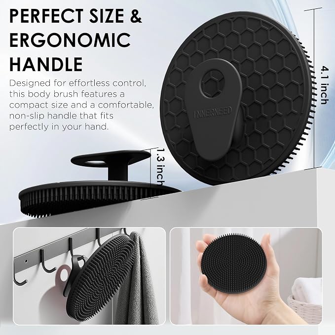 African Net Exfoliating Sponge Case with Silicone Body Brush, Black | 2in1 Quick-Dry Bath Mesh Washcloth Shower Scrubber, Massaging, Cleansing, Skin Smoother, INNERNEED
