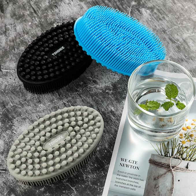 Silicone Body Scrubber Loofah Set of 3 (Black/Gray/Blue) | Soft Exfoliating Bath Shower Brush for Sensitive Skin, Kids Women Men All Skin Types