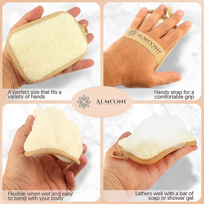 Almooni Natural Shower Loofah, Egyptian Exfoliating Sponge, 2 Pack | Natural Loofah Sponge, Rectangular Loofah Pad for Men & Women, Gentle Exfoliation for Face & Body, with Hanging Loop