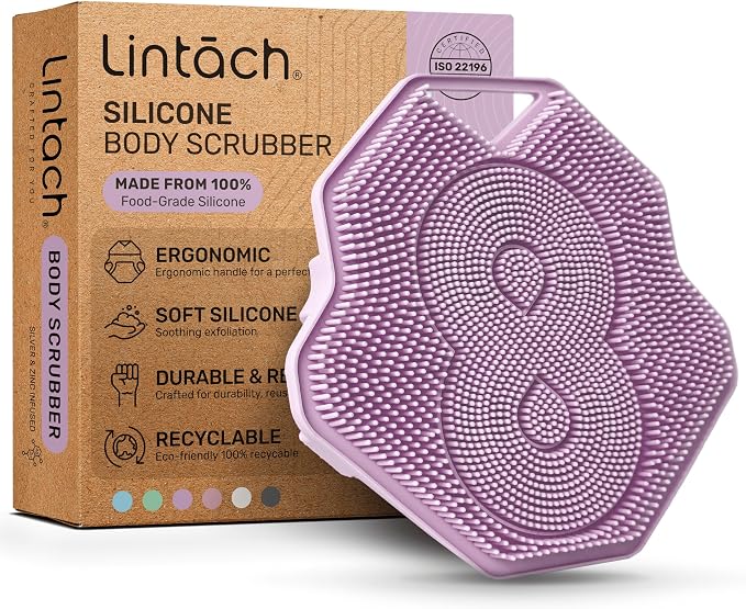 Silicone Shower Body Scrubber, Exfoliating Loofah Alternative - Purple | Exfoliating loofah alternative, zinc & silver-infused silicone, hygienic, gentle for sensitive skin, durable & long-lasting