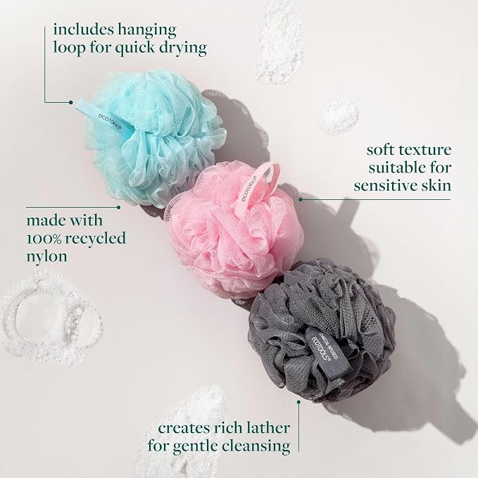 EcoTools EcoPouf 3 Pack Bath Sponge Set, Soft Recycled Netting Shower Poufs for Gentle Exfoliating & Daily Body Cleansing, Rich Lather Loofah Sponges, Vegan & Cruelty-Free