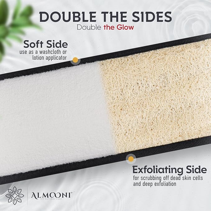 ALMOONI Men's Back Scrubber for Shower, Loofah Sponge, Black, 1 Count | Natural Egyptian Loofah Sponge, Long Back Scrubber, Cotton Handles, Men's Shower Scrubber, Gentle Exfoliation