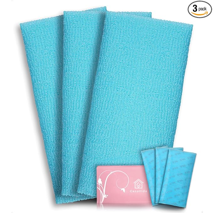Exfoliating Washcloth Back Scrubber, Blue, 3 Pack | Japanese Beauty Washcloth, Back Scrubber for Daily Use, Textured Poly Nylon Body, Smoother-Looking Skin, Quick-Dry
