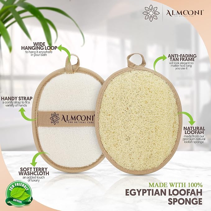 Almooni Natural Loofah Exfoliating Body Scrubber, Shower Sponge 2 Count | Natural Egyptian Loofah, Exfoliating Sponge for Face and Body, Bath Shower Loofah Sponge for Women and Men, 2 count pack