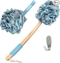 Toem® Loofah Back Scrubber for Shower | Bamboo Charcoal | Long Handle | Luffa & loofa for men & women | Bath sponge | Kit: long-handled scrubber + pouf + hook | Body wash scrub stick | Sky Blue