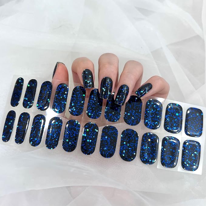 Semi Cured Gel Nail Strips, 22pcs UV Nails Polish Art Sticker, Nail Wraps with UV Light Required for Home Manicure DIY, Long Lasting, Easy Application & Removal, Salon Quality (Dark Sapphire 024)