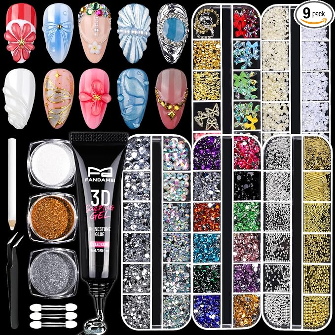 FANDAMEI 3D Gel Kit, 15g 3D Nail Sculpting Gel, 5 Box Nail Pearls Charms and Gems Clear&AB Nail Rhinestones, Metal Nail Beads&Gold Silver White Pearl Chrome Powder for DIY Manicure, UV/LED Lamp Needed