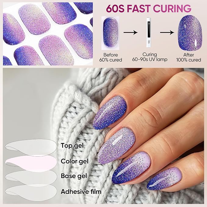 Semi Cured Gel Nail Strips, 22pcs UV Nails Polish Art Sticker, Nail Wraps with UV Light Required for Home Manicure DIY, Long Lasting, Easy Application & Removal, Salon Quality (Shine Purple 131)