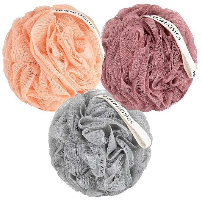 MainBasics Shower Loofah Sponge Pouf, Set of 3, Coral Reef | Soft Mesh Body Scrubber and Bath Sponge for Gentle Exfoliation, Rich Lather, and Everyday Shower Use