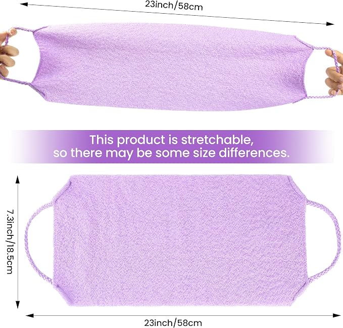 Silkyhose 3Pcs Dual-Sided Exfoliating Stretch Back Scrubber with Handles | Reusable Shower Essential. Deep Skin Cleansing. Textured Design. Soft, Gentle & Durable. 3 Colors: Beige, Pink, Purple.
